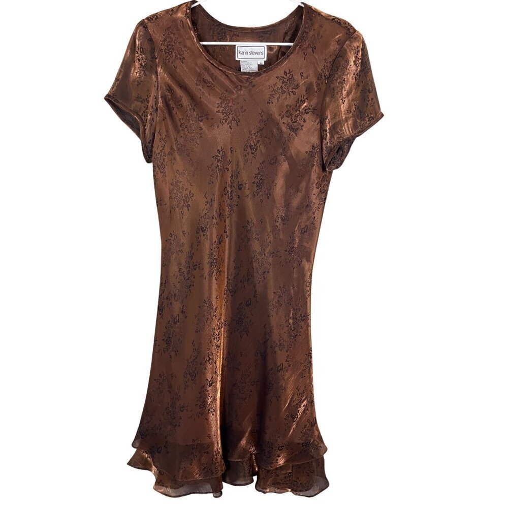 Karin Stevens Metallic Floral Mini Dress‎ 10 Copper Sheer Y2K Fairy Whimsigoth